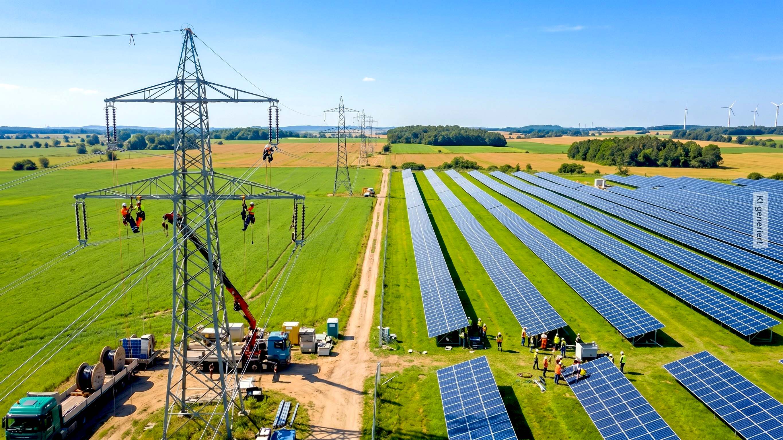 Luftaufnahme eines Solarparks mit Strommasten und Technikern – KlimaUnion Policy Paper zu Netzanschlüssen